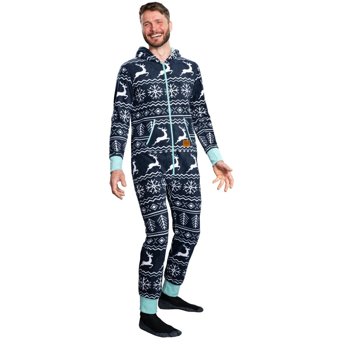 Ugly Christmas Sweater Style Fair Isle Jumpsuit Adult Union Suit Unisex Pajamas