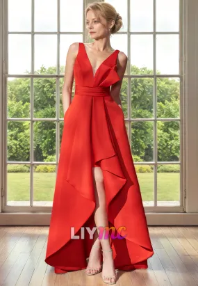 V-Neck Sleeveless High Slit Pleated A-Line Mother of Bride Dress Cocktail Dress