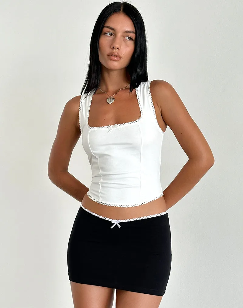 Vadia Mini Skirt in Black with White Picot Trim and Bow