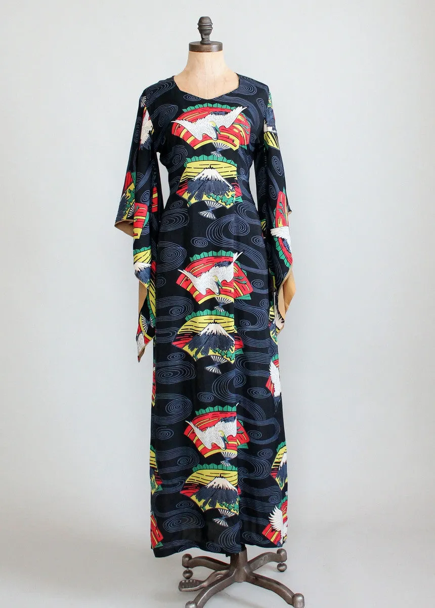 Vintage 1940s Tropicana Japanese Print Rayon Kimono Dress