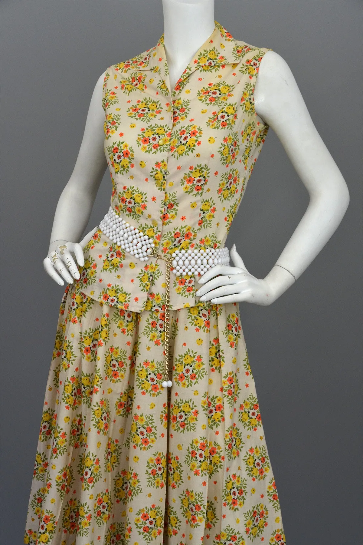 Vintage 1950's Cotton Yellow Rose Print Skirt and Top Dress