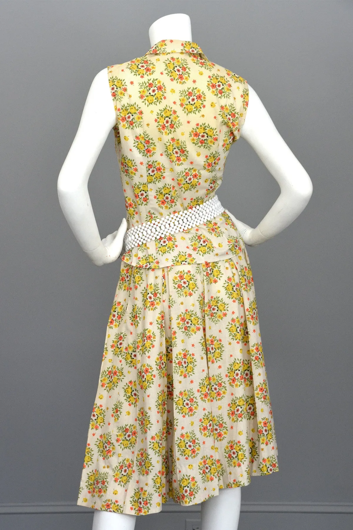 Vintage 1950's Cotton Yellow Rose Print Skirt and Top Dress