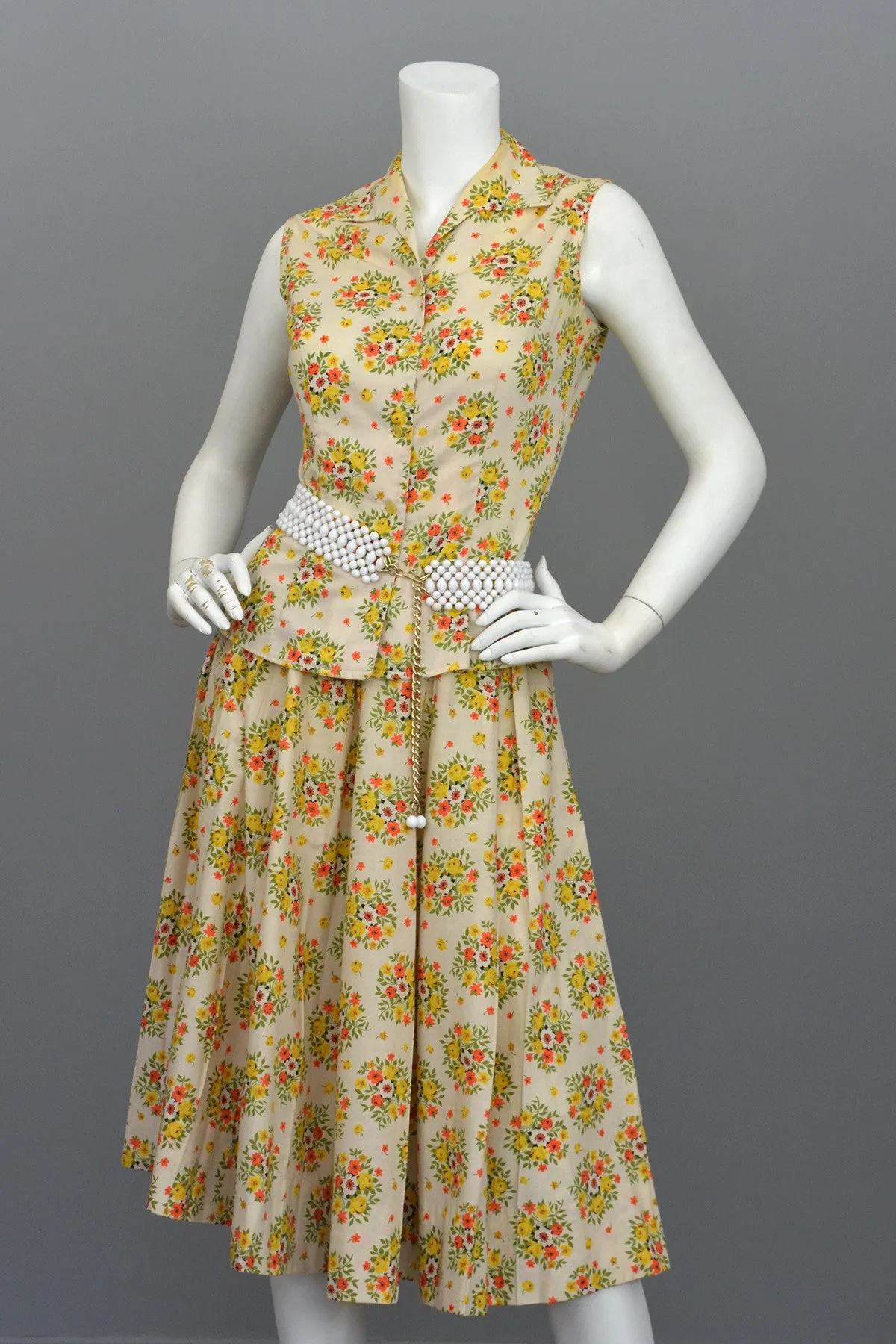 Vintage 1950's Cotton Yellow Rose Print Skirt and Top Dress