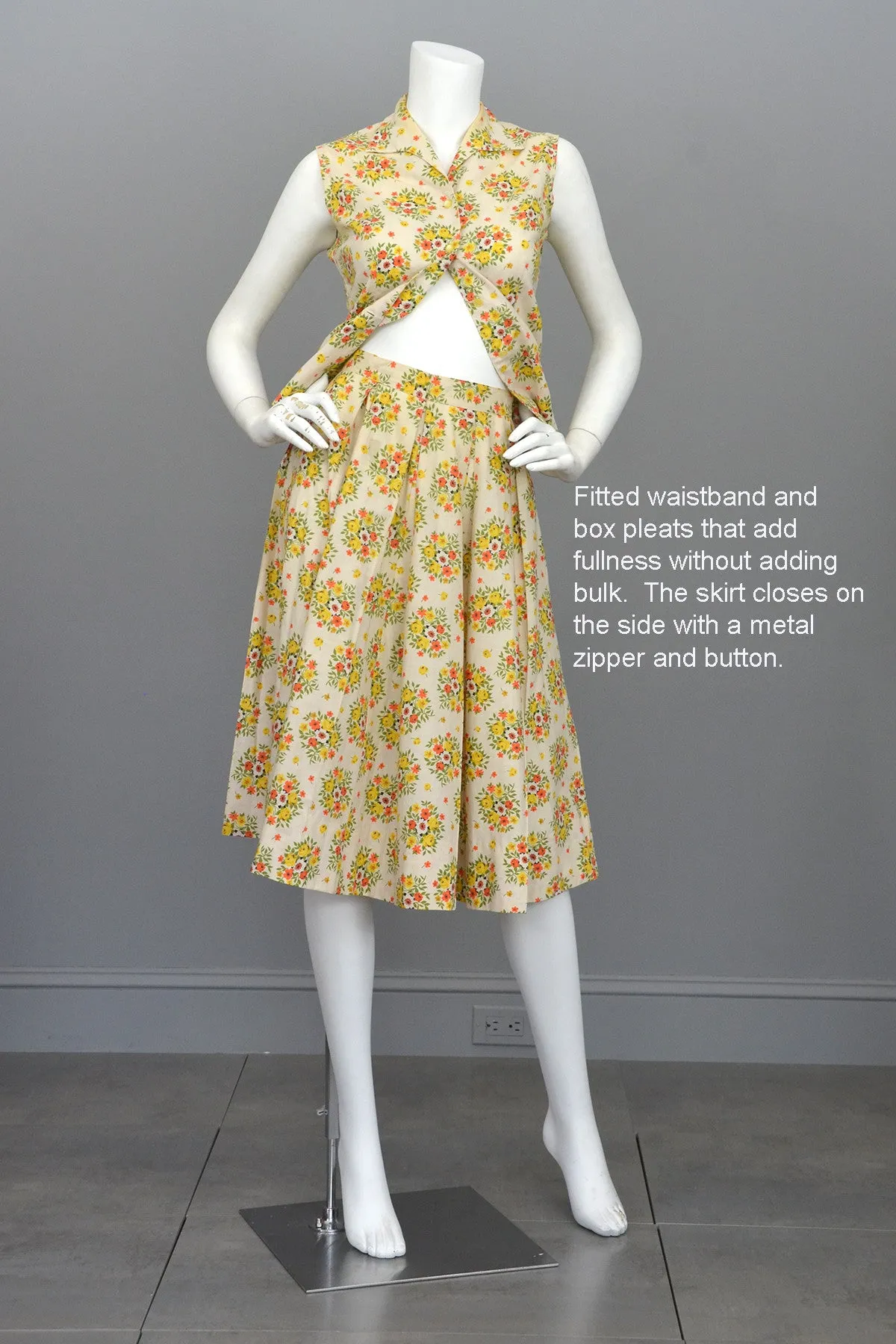 Vintage 1950's Cotton Yellow Rose Print Skirt and Top Dress