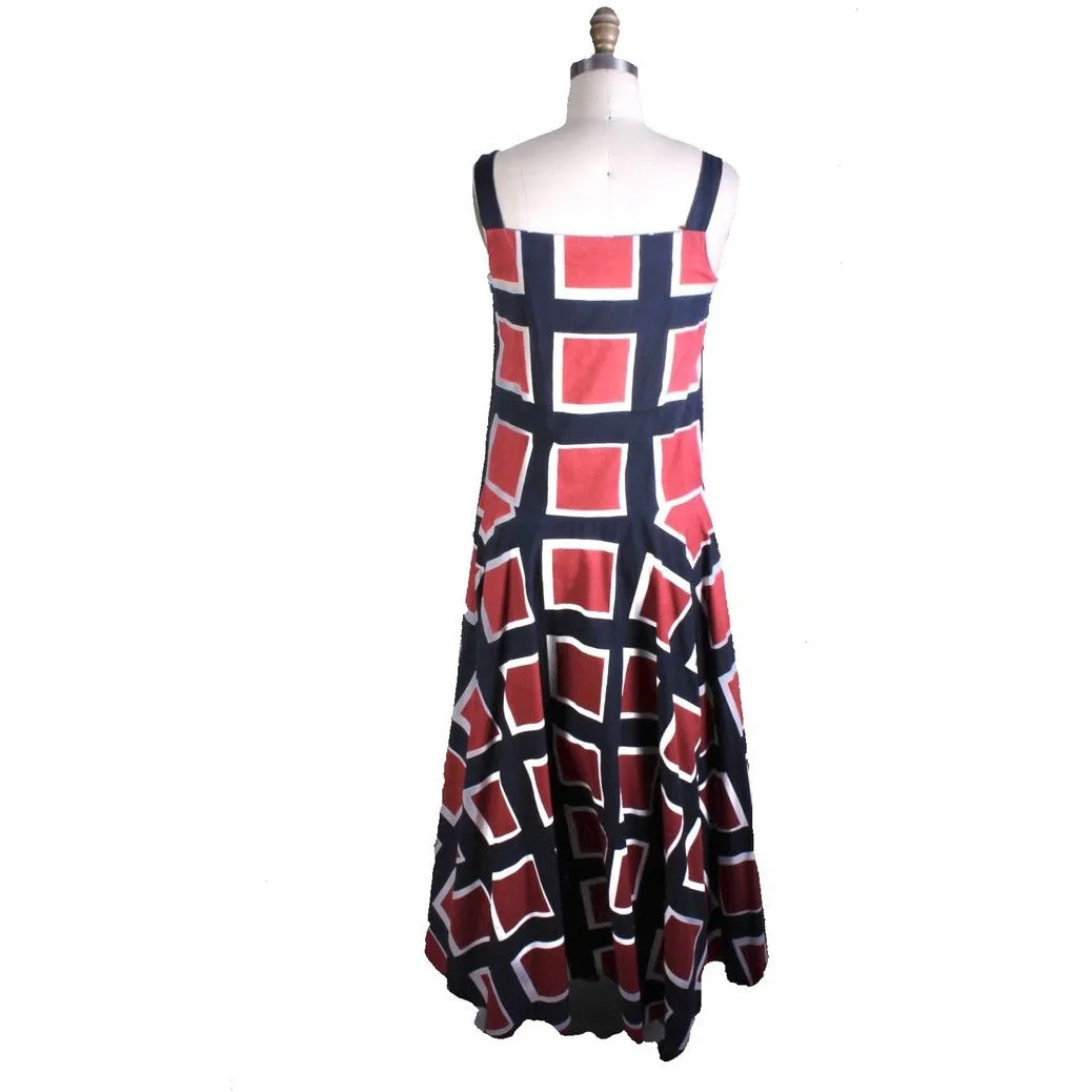 Vintage 1971 Marimekko Jumper Maxi Sleeveless Full Skirt Maxi Dress Cotton 38/10 Blue Red