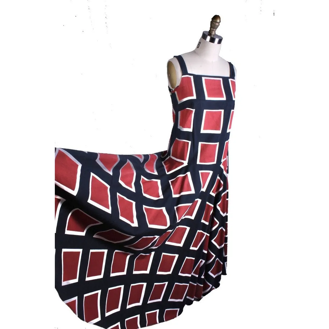 Vintage 1971 Marimekko Jumper Maxi Sleeveless Full Skirt Maxi Dress Cotton 38/10 Blue Red