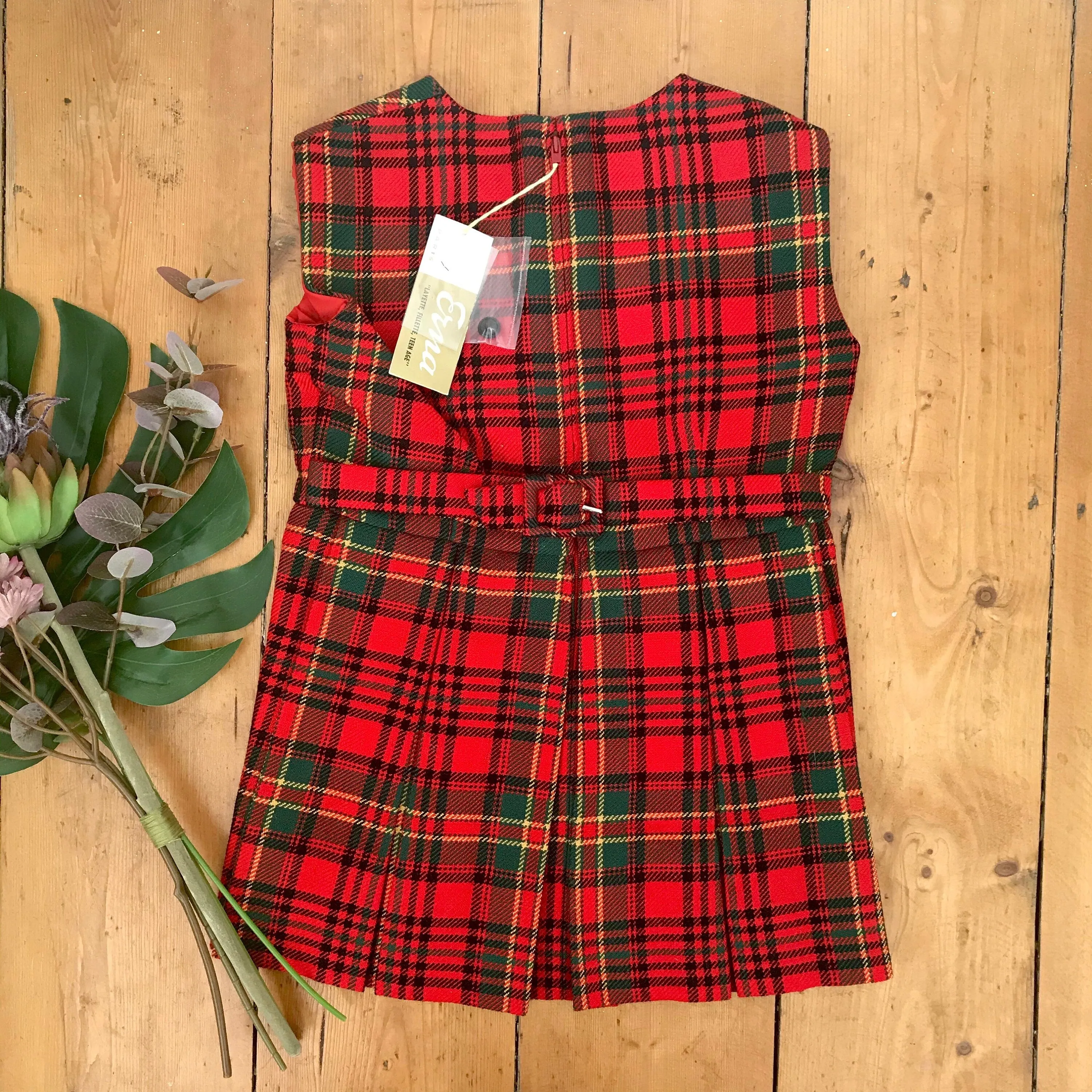 Vintage 60's  Tartan Red Wool Blend Tartan Dress French Stock 3-4Y