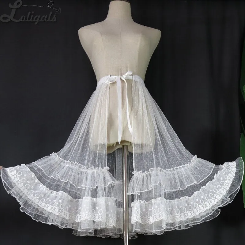 Vintage Lolita Polka Dot Cover-up Skirt Ruffled Waist Curtain Mesh Overlay Skirt