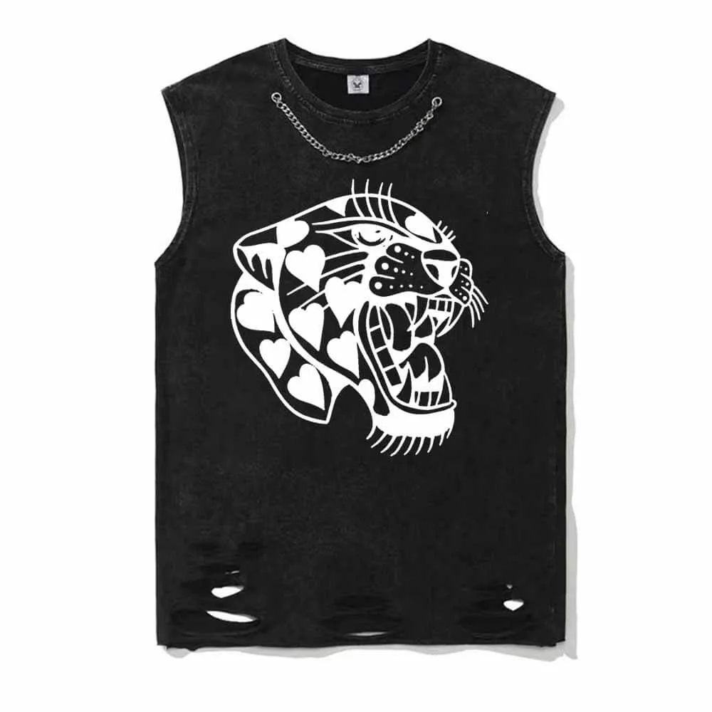 Vintage Washed Heart Roaring Tiger Vest Top