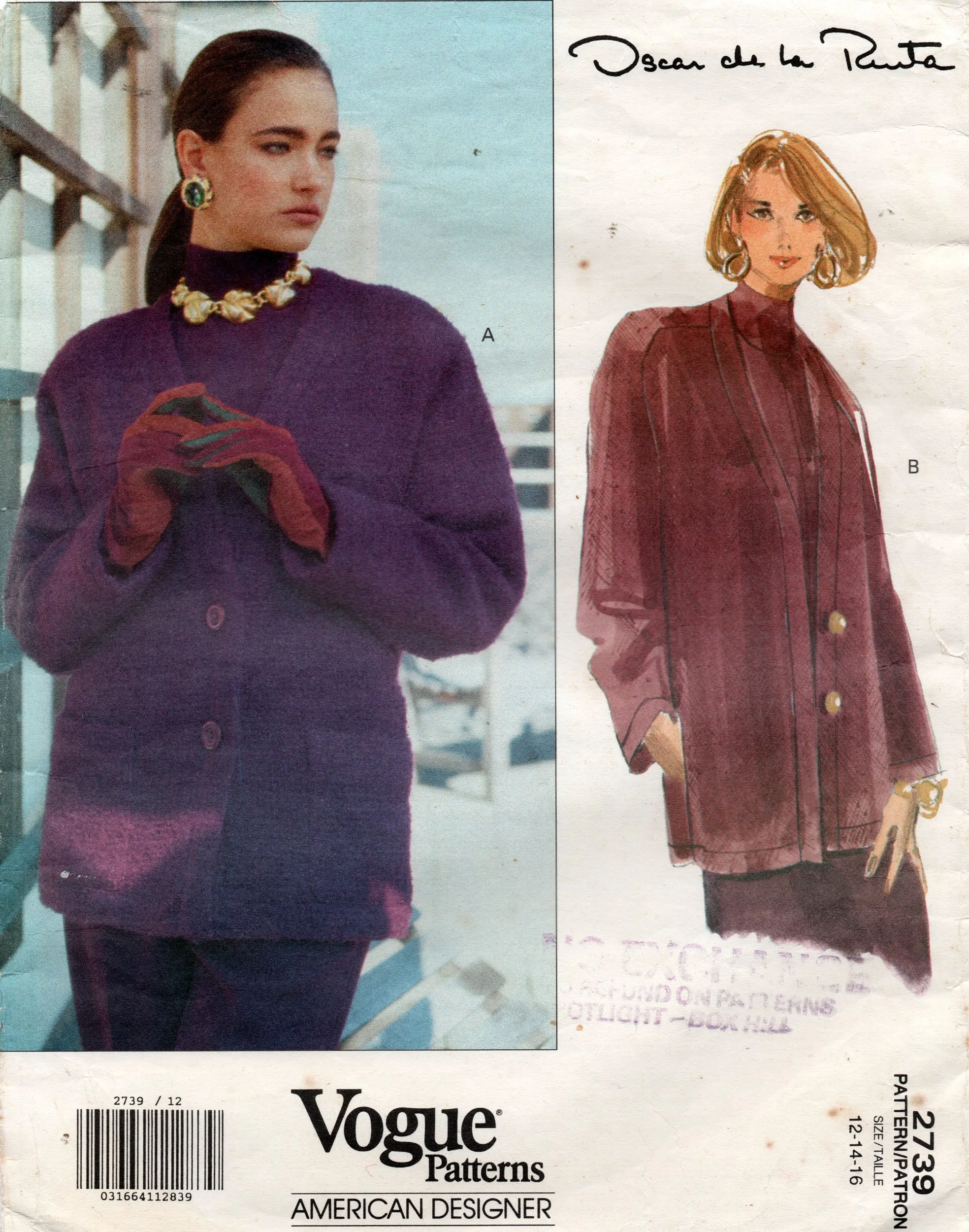 Vogue American Designer 2739 OSCAR DE LA RENTA Womens Cardigan Style Jacket 1990s Vintage Sewing Pattern Size 12 - 16