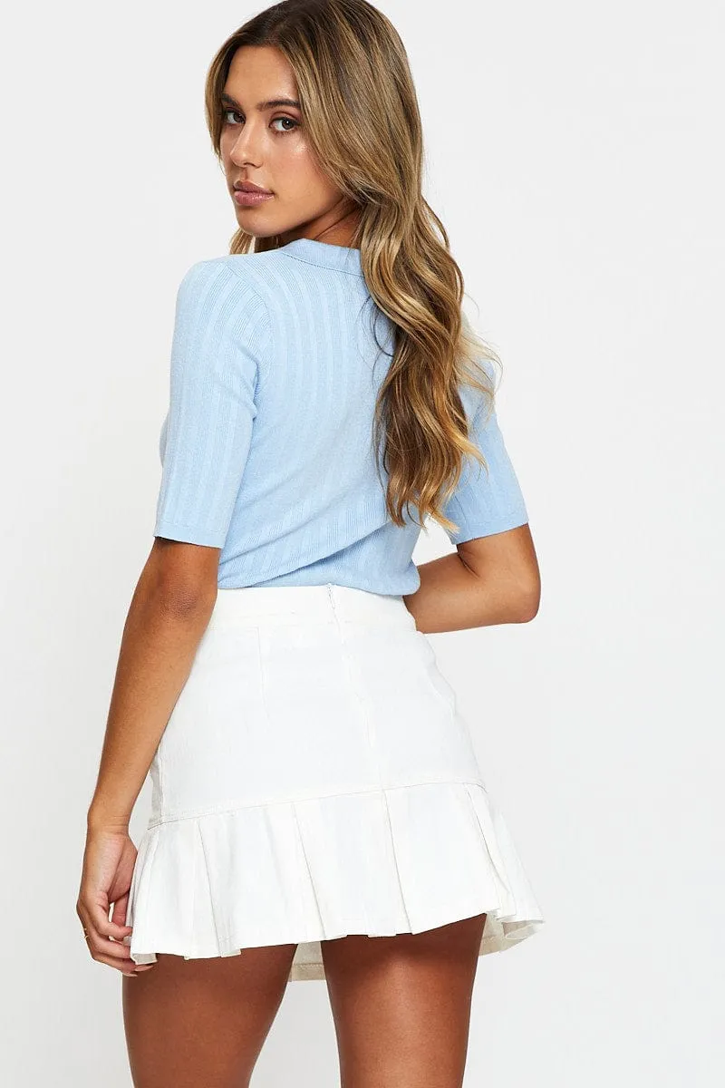 White Pleated Denim Skirt