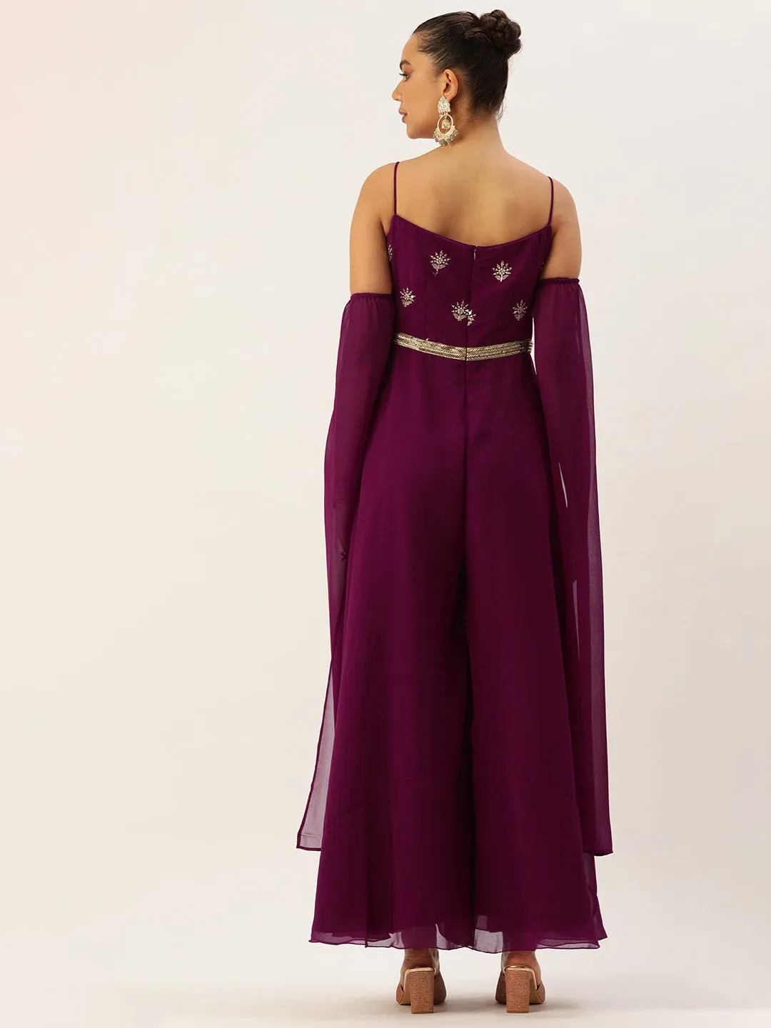 Wine Color Jumpsuit With Detachable Sleeves