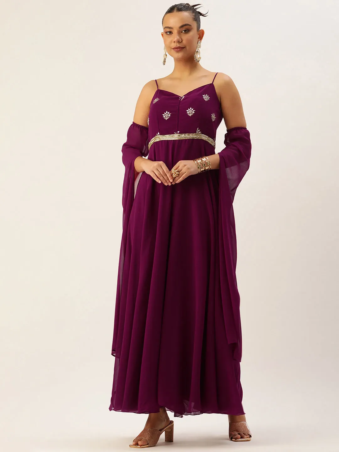 Wine Color Jumpsuit With Detachable Sleeves