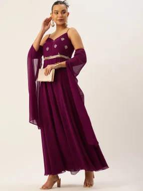 Wine Color Jumpsuit With Detachable Sleeves