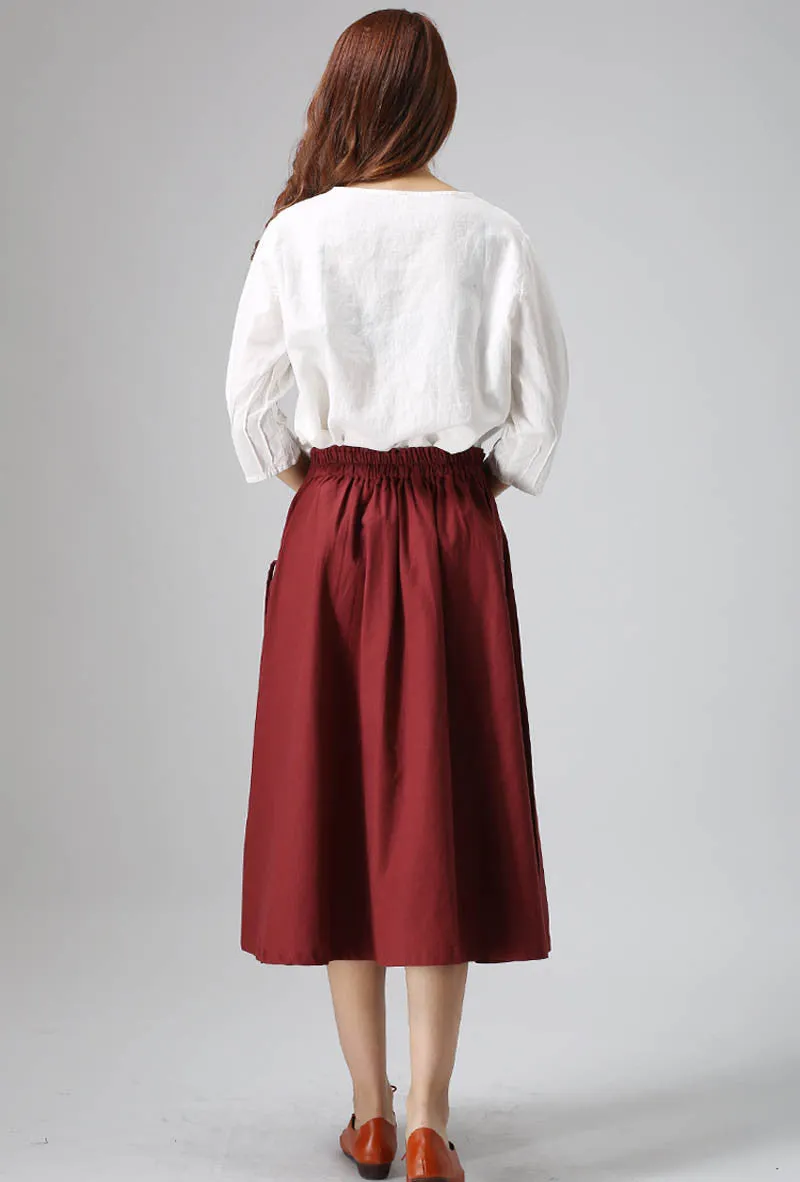 wine red skirt casual linen skirt woman midi skirt custom made (814)