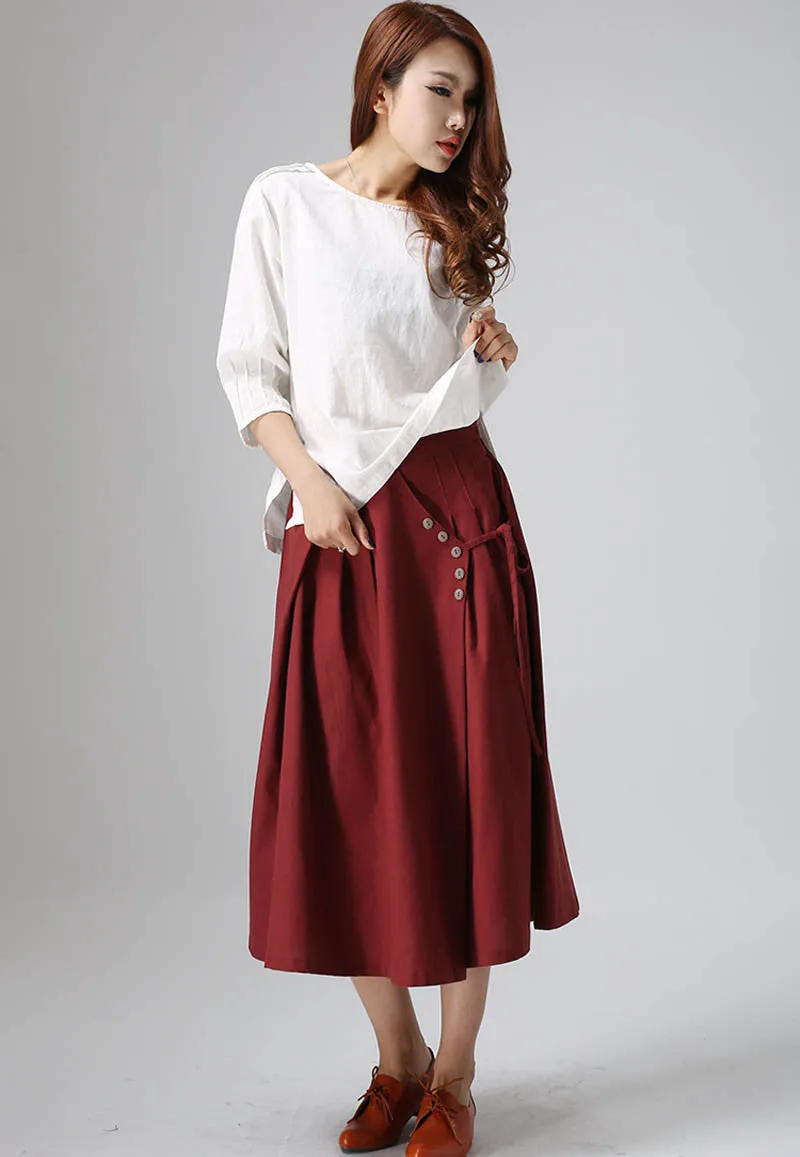 wine red skirt casual linen skirt woman midi skirt custom made (814)