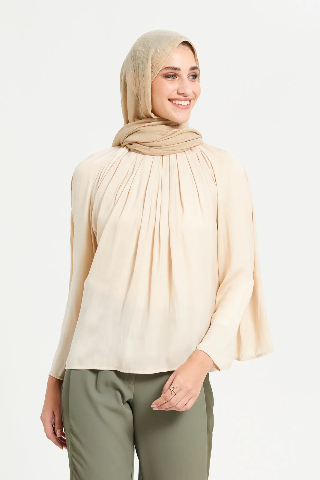 Women Beige High Neck Volume Top