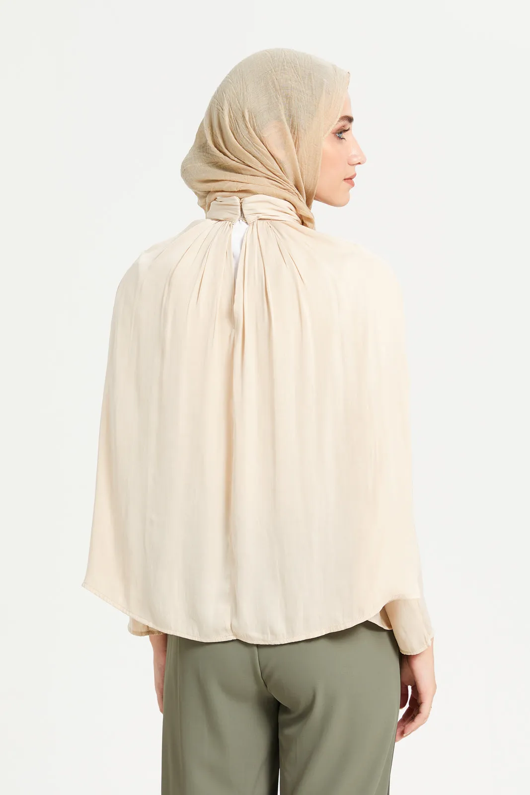 Women Beige High Neck Volume Top