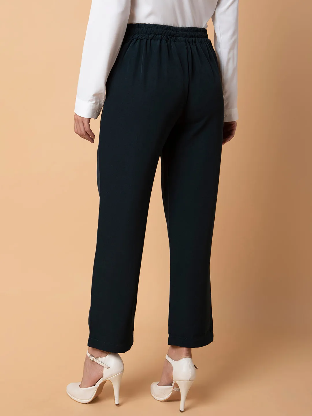 Women Flat Front Solid Green Formal Trousers