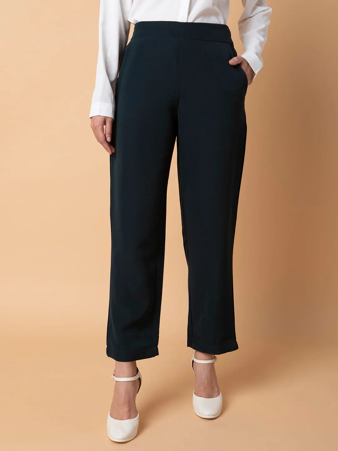 Women Flat Front Solid Green Formal Trousers