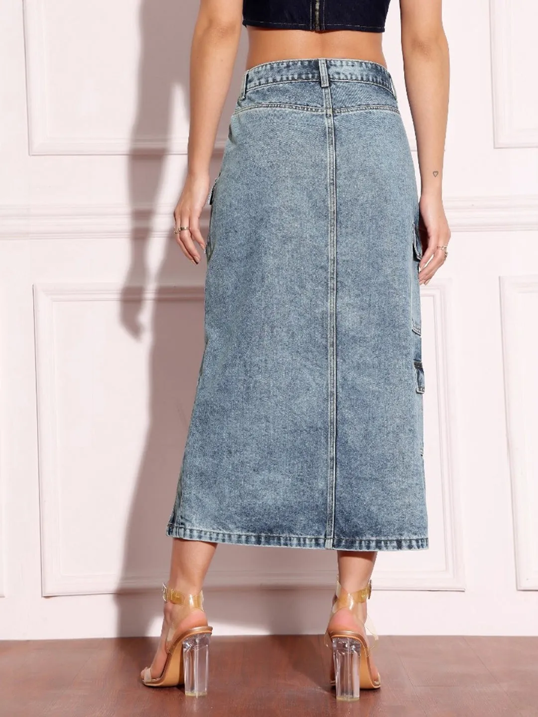 Women's Blue Straight-Fit High-Rise Non-stretchable Denim Midi Skirt