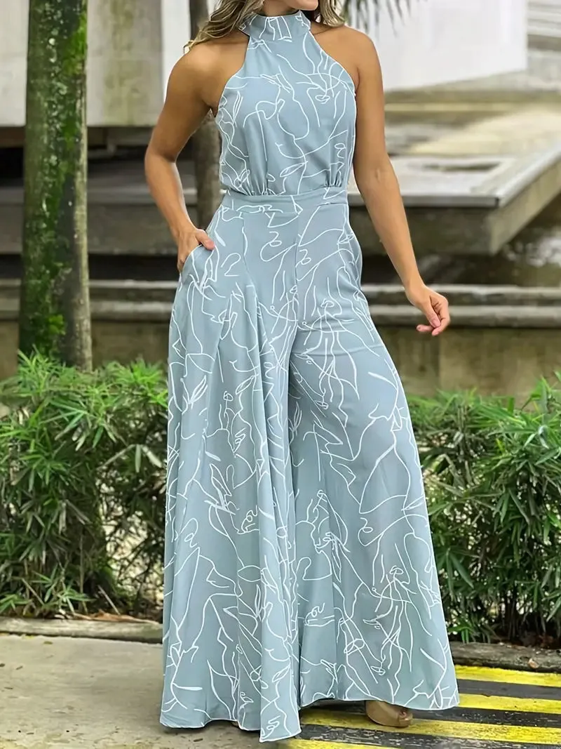 Women's Elegant Waist Halter Jumpsuit / Light Blue