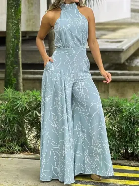 Women's Elegant Waist Halter Jumpsuit / Light Blue